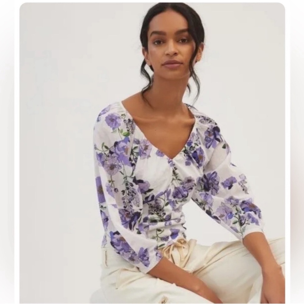 Anthropologie V-Neck Purple Floral 3/4 Puff Sleeve Blouse Top Size S NEW
